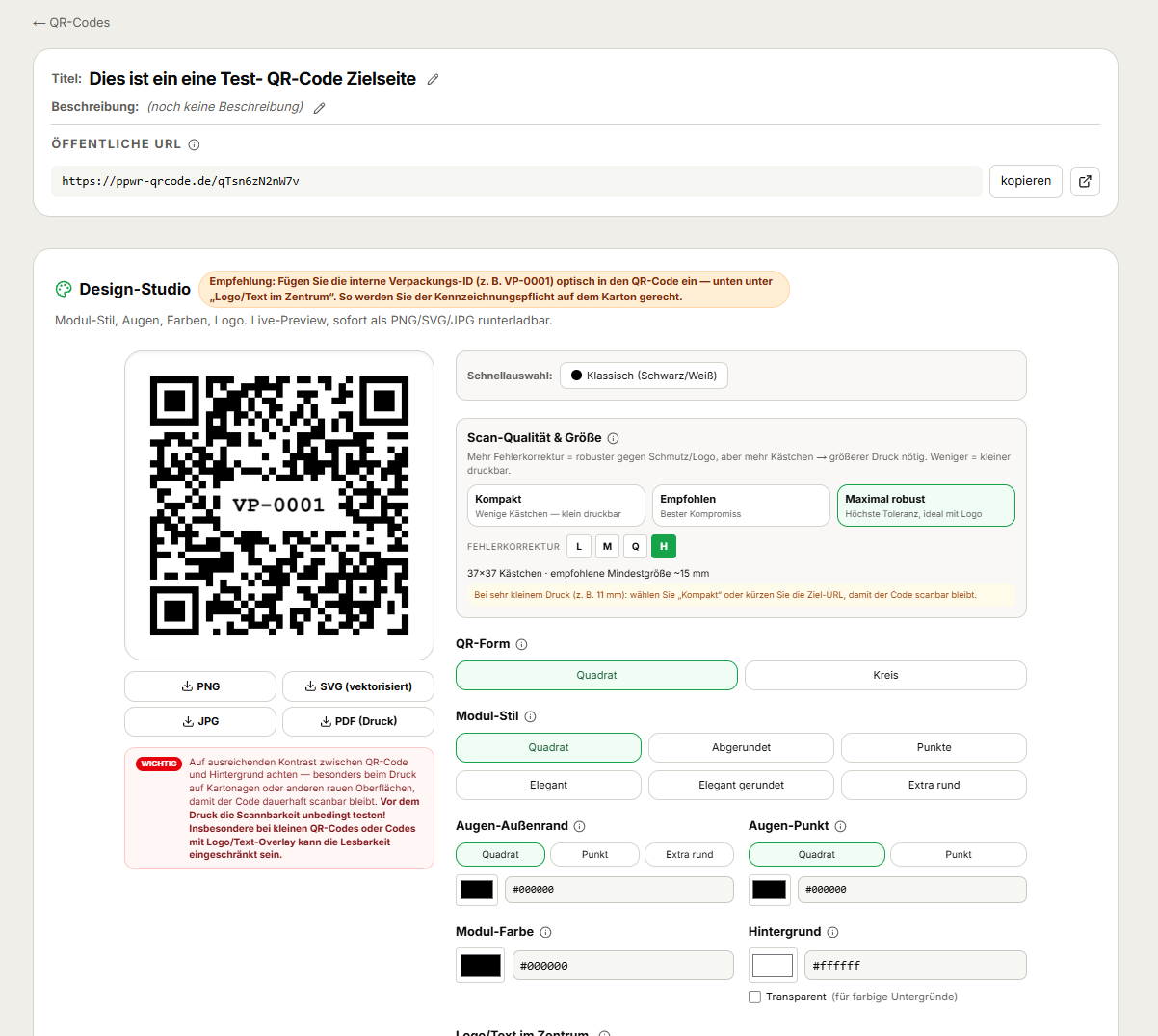 Einleitung (Lead):

Free-Accounts auf PPWR-QR-Code erhalten ab sofort die Möglichkeit, die Plattform 30 Tage lang vollständig im Starter-Umfang zu testen — ohne Abo, ohne Kreditkarte, ohne automatische Verlängerung.

Was ist im Trial enthalten?

Während des Testzeitraums stehen Ihnen alle Funktionen des Starter-Tarifs zur Verfügung:

20 aktive QR-Codes — scanbar und jederzeit editierbar
Dynamischer Inhalt — Zielinhalte beliebig oft aktualisierbar, ohne den QR-Code neu drucken zu müssen
PDF-Export — druckfertige Dateien für Ihre Druckerei oder eigene Etiketten
Live-Scan-Statistik — sehen Sie in Echtzeit, wann und wo Ihre Codes gescannt werden
6 Sprachen auf der Scan-Zielseite — Deutsch, Englisch, Französisch, Spanisch, Portugiesisch, Italienisch

Wer kann den Trial nutzen?

Der Trial steht allen Free-Accounts einmalig zur Verfügung — egal ob Sie bereits seit Wochen registriert sind oder sich heute erstmals anmelden. Einzige Bedingung: Sie haben den Trial bisher noch nicht aktiviert.

Accounts mit einem aktiven Starter- oder Business-Abo können den Trial nicht aktivieren — der volle Zugang ist dort bereits inklusive.

So aktivieren Sie den Trial — bestehende Accounts

Wenn Sie bereits einen Free-Account besitzen, sehen Sie den Trial-Button direkt nach dem Einloggen auf Ihrem Dashboard.

[BILD: Dashboard /app mit der grünen Trial-Aktivierungsbox]

Melden Sie sich unter ppwr-qrcode.de/login an.
Nach dem Login landen Sie automatisch auf dem Dashboard. Die Trial-Box erscheint ganz oben.
Klicken Sie auf „30 Tage testen →". Der Trial startet sofort — Sie erhalten eine Bestätigungs-E-Mail mit dem genauen Ablaufdatum.
Loslegen: Erstellen Sie Ihre ersten dynamischen QR-Codes und exportieren Sie die PDFs direkt für Ihre Druckerei.

[BILD: /app/codes nach Trial-Start, Ansicht mit verbleibenden Tagen und aktiven Codes]

Den Trial-Button finden Sie außerdem im Bereich „Meine QR-Codes" unter ppwr-qrcode.de/app/codes — falls Sie das Dashboard direkt überspringen.

So aktivieren Sie den Trial — neue Accounts

Sie haben noch keinen Account? Die Registrierung ist kostenlos und dauert weniger als zwei Minuten.

Gehen Sie auf ppwr-qrcode.de/signup und registrieren Sie sich mit Ihrer Firmen-E-Mail.
Bestätigen Sie die Registrierung per Klick auf den Link in der Bestätigungs-E-Mail.
Nach dem ersten Login erscheint die Trial-Box direkt auf Ihrem Dashboard. Klicken Sie auf „30 Tage testen →" — der Starter-Zugang ist sofort aktiv.

Was passiert nach den 30 Tagen?

Nach Ablauf des Testzeitraums wechselt Ihr Account automatisch in den Free-Tarif. Ihre QR-Codes werden nicht gelöscht — sie werden lediglich pausiert, bis Sie ein Abo abschließen. Alle Inhalte, Statistiken und Einstellungen bleiben vollständig erhalten.

Sie erhalten 7 Tage und 3 Tage vor Ablauf jeweils eine Erinnerungs-E-Mail, damit Sie rechtzeitig entscheiden können.

Der Trial kann pro Account nur einmal aktiviert werden. Er verlängert sich nicht automatisch und verursacht keinerlei Kosten.

[CTA-Button: Trial aktivieren → ppwr-qrcode.de/app]