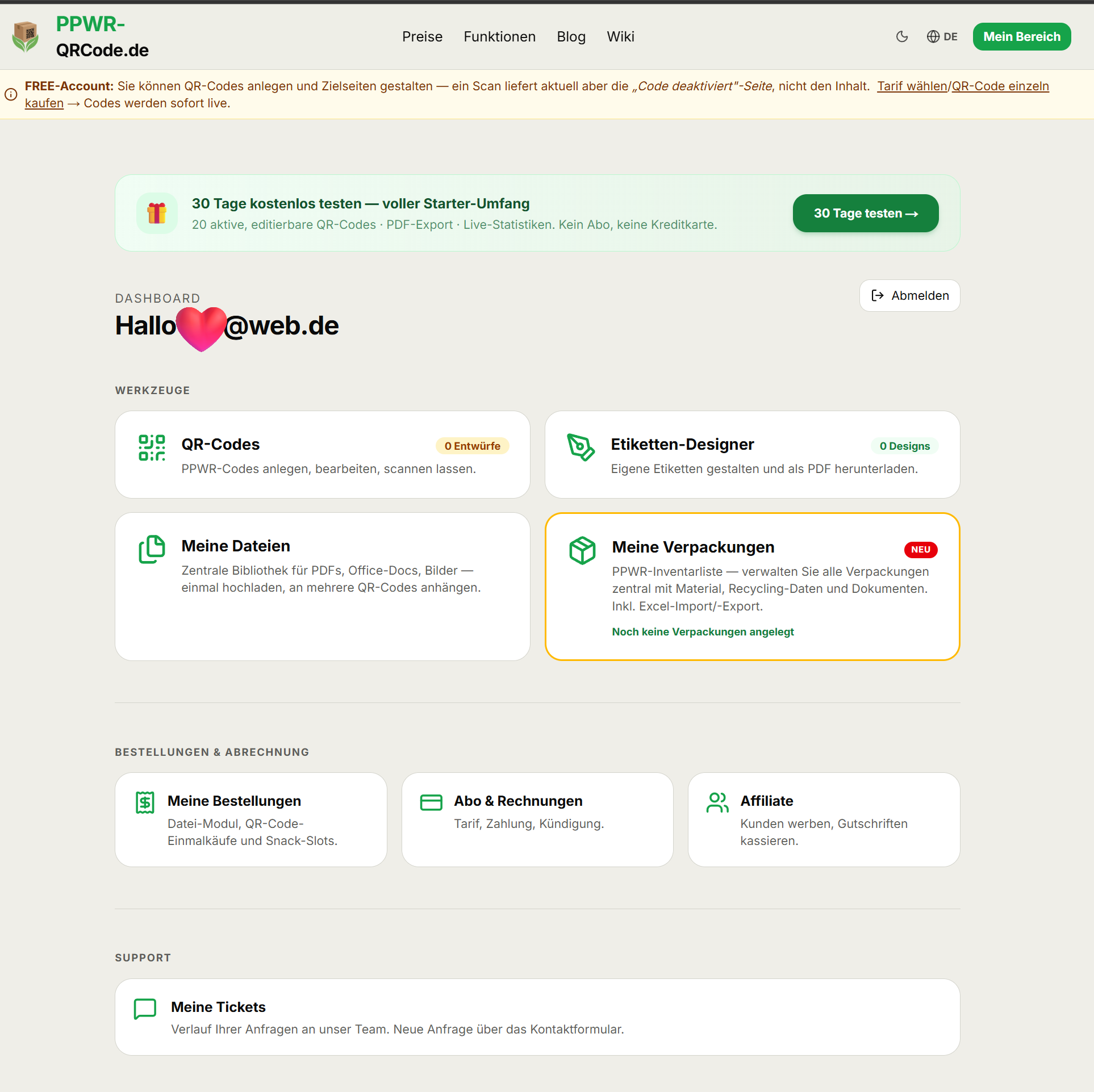 30 Tage kostenlos testen: Der PPWR-QRCode.de Starter-Trial für Free-Accounts