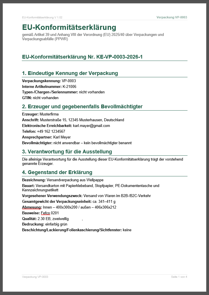 EU-Konformitätserklärung nach PPWR — ein Klick, fertig dokumentiert
Im letzten Beitrag ging es um die automatische Erstellung der technischen Dokumentation. Der Ausblick dort lautete: Die Konformitätserklärung folgt. Jetzt ist sie da. Ab sofort erzeugen Sie Ihre EU-Konformitätserklärung gemäß Anhang VIII der Verordnung (EU) 2025/40 direkt aus der Verpackungsdatenbank — aus denselben Daten, mit demselben Prinzip.

Was die PPWR von Ihnen als Erzeuger verlangt
Neben der technischen Dokumentation fordert die PPWR von jedem Erzeuger eine EU-Konformitätserklärung pro Verpackungsart. Darin erklären Sie als verantwortliches Unternehmen, dass Ihre Verpackung die Anforderungen der Verordnung erfüllt. Diese Erklärung müssen Sie nicht aktiv einreichen, aber bei einer Behördenanfrage oder Marktaufsichtsprüfung sofort vorlegen können.

Die Erklärung ist kein Freitext. Anhang VIII gibt eine klare Struktur vor: eindeutige Kennung der Verpackung, vollständige Angaben zum Erzeuger, Gegenstand der Erklärung mit Materialzusammensetzung, stoffliche Konformität, angewandte Rechtsvorschriften und Normen sowie eine rechtsverbindliche Unterzeichnung. Genau diese Struktur bildet die Verpackungsdatenbank von PPWR-QRCode.de jetzt automatisch ab.

Dieselben Daten, ein zweites Dokument
Das Prinzip ist identisch zur technischen Dokumentation: Sie pflegen Ihre Verpackungen einmal in der Datenbank und erhalten daraus sämtliche Dokumente, die die PPWR von Ihnen verlangt. Ihre Firmendaten, Materialangaben, Gewichte, PFAS-Angaben und Konformitätsnachweise fließen automatisch in das fertige Dokument ein. Nichts wird doppelt eingetragen.

In der Verpackungsdatenbank finden Sie neben dem Button für die technische Dokumentation jetzt auch den Button „EU-Konformitätserklärung erstellen". Ein Klick, und Sie erhalten eine fertige Word-Datei zum Prüfen und Unterzeichnen.

Was die fertige Erklärung enthält
Das automatisch erzeugte Dokument folgt exakt der Struktur aus Anhang VIII der PPWR und enthält neun klar gegliederte Abschnitte:

1. Eindeutige Kennung der Verpackung — Verpackungsbezeichnung, Artikelnummer, Version und GTIN, direkt aus Ihren hinterlegten Daten. Fehlende Angaben werden kenntlich gemacht, damit Sie sofort sehen, wo noch etwas nachzutragen ist.

2. Angaben zum Erzeuger — Ihr Firmenname, Anschrift, Ansprechpartner, E-Mail, Telefon und USt-IdNr. werden automatisch aus Ihrem Kontoprofil übernommen. Sie hinterlegen diese Daten ein einziges Mal.

3. Verantwortungserklärung — Der gesetzlich geforderte Text, dass die Erklärung unter alleiniger Verantwortung des Erzeugers ausgestellt wird.

4. Gegenstand der Erklärung — Bezeichnung, Bauart, Verwendungszweck, Abmessungen und FEFCO-Typ. Darunter die vollständige Materialzusammensetzung: Hauptmaterial und bis zu fünf Nebenmaterialien mit Gewichten und automatisch berechneten Prozentanteilen.

4.2 Stoffliche Konformität — Schwermetall-Summengrenzwert (Blei, Cadmium, Quecksilber, Cr VI ≤ 100 mg/kg), REACH-Konformität und PFAS-Angaben. Bei Verpackungen mit Lebensmittelkontakt werden die zusätzlich geltenden PFAS-Grenzwerte automatisch berücksichtigt.

5. Rechtsvorschriften — Die angewandten Vorschriften: Verordnung (EU) 2025/40, gegebenenfalls ergänzt um REACH und lebensmittelrechtliche Verweise.

6. Harmonisierte Normen — Verweis auf die einschlägigen EN-Normen, mit einem Hinweis, welche Normen Sie für Ihre konkrete Verpackung individuell ergänzen sollten.

7. Notifizierte Stelle — Bei interner Fertigungskontrolle nach Artikel 38 / Anhang VII: „Nicht anwendbar."

8. Zusätzliche Angaben — Bewertungsverfahren, Referenz zur technischen Dokumentation, Aufbewahrungsfrist und Änderungsmanagement.

9. Unterzeichnung — Immer auf einer eigenen Seite: Firma, Ort und Datum, Name, Funktion und Unterschriftsfeld. Drucken, unterschreiben, ablegen.

Die Erklärungsnummer: automatisch oder individuell
Jede Konformitätserklärung braucht eine eindeutige Nummer. Die Verpackungsdatenbank generiert diese automatisch nach dem Schema KE-VP-0001-2026-1 (Kürzel, Verpackungs-ID, Jahr und laufende Nummer). Wenn Ihr Unternehmen ein eigenes Nummernsystem verwendet, tragen Sie Ihre Nummer einfach im Eingabefeld ein — sie wird dann anstelle der automatischen Nummer im Kopf und in der Fußzeile jeder Seite verwendet.

Automatische Ablage mit dem Datei-Modul
Nutzen Sie das Datei-Upload-Modul, wird die erzeugte Konformitätserklärung automatisch in Ihrer Medienbibliothek abgelegt und mit der zugehörigen Verpackung verknüpft. Sie sehen die Verknüpfung direkt in der Verpackungsliste als farbige Pille. Ohne Datei-Modul funktioniert der Download genauso — nur die automatische Ablage entfällt.

Was rot markiert ist, fehlt noch
Das Dokument arbeitet nach einem einfachen Prinzip: Was in der Datenbank hinterlegt ist, wird übernommen. Was fehlt, wird rot markiert. Sie sehen auf einen Blick, wo noch Angaben nachzutragen sind, bevor Sie das Dokument unterzeichnen. Keine versteckten Lücken, keine Überraschungen bei der nächsten Behördenanfrage.

Einmal pflegen, alles erzeugen
Mit der Konformitätserklärung ist das zweite zentrale PPWR-Dokument abgedeckt. Sie pflegen Ihre Verpackungen einmal in der Datenbank und erzeugen daraus sowohl die technische Dokumentation als auch die EU-Konformitätserklärung. Beide Dokumente greifen auf dieselben Stamm- und Materialdaten zu. Ändert sich etwas — neues Material, angepasstes Gewicht, aktualisierte Lieferantenangaben — erzeugen Sie die Dokumente einfach neu.

Die Verantwortung für Richtigkeit und Vollständigkeit bleibt selbstverständlich bei Ihnen als Unterzeichner. Was die Plattform Ihnen abnimmt, ist die strukturierte Aufbereitung: das richtige Format, die richtige Reihenfolge, die richtigen Berechnungen. Was auf Ihrem Tisch liegt, bleibt auf Ihrem Tisch — aber das Zusammenbauen übernehmen wir.

Welche Pflichten konkret für Ihr Unternehmen gelten, sollten Sie immer mit Ihrer zuständigen IHK klären. Auf PPWR-QRCode.de finden Sie einen Hinweis, welche IHK für Sie zuständig ist.