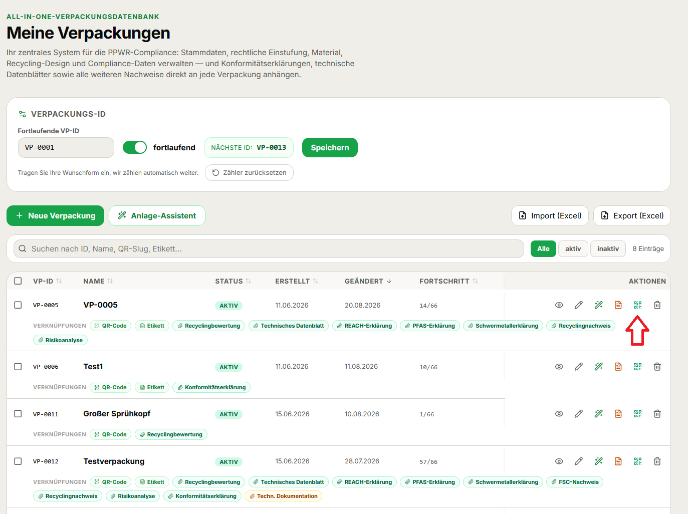 <p>
  Die Verpackungsdatenbank ist das Herzstück der PPWR-QR-Code-Plattform. Hier legen Sie Ihre 
  Verpackungen an, pflegen alle relevanten Stammdaten und hinterlegen sämtliche zugehörigen 
  Dokumente an einem zentralen Ort – vom technischen Datenblatt über Materialzertifikate bis 
  hin zu behördlichen Nachweisen. Was früher in E-Mail-Ordnern oder freigeteilten Laufwerken 
  verstreut lag, ist damit verpackungsbezogen strukturiert und jederzeit abrufbar.
</p>

<h2>Verpackungen anlegen und Daten hinterlegen</h2>

<p>
  Jede Verpackung erhält in der Datenbank einen eigenen Eintrag mit allen technisch und 
  rechtlich relevanten Angaben: Material, Gewicht, Recyclingfähigkeit, Schicht- und 
  Komponentenaufbau sowie die PPWR-spezifischen Pflichtfelder. Zu jedem Verpackungseintrag 
  können Sie beliebig viele Dokumente hochladen und hinterlegen – PDFs, Zertifikate, 
  Prüfberichte oder auch Bilder. Sie entscheiden dabei selbst, welche Dokumente intern 
  bleiben und welche für die Zielseite des QR-Codes freigegeben werden.
</p>

<h2>Import und Export über die Inventartabelle</h2>

<p>
  Wer eine größere Verpackungspalette verwaltet, muss nicht jeden Eintrag einzeln anlegen. 
  Die Inventartabelle ermöglicht den vollständigen Import per Excel-Datei: Sie füllen die 
  strukturierte Vorlage aus, laden sie hoch, und die Plattform legt alle Verpackungen auf 
  einmal an. Ebenso lässt sich der gesamte Bestand jederzeit exportieren – etwa für interne 
  Audits, zur Weitergabe an Berater oder als Grundlage für externe Compliance-Prüfungen.
</p>

<h2>Technische Dokumentation und Konformitätserklärung</h2>

<p>
  Sobald alle Pflichtfelder einer Verpackung ausgefüllt sind, können Sie direkt aus dem 
  Verpackungseintrag heraus die technische Dokumentation generieren und eine 
  Konformitätserklärung erstellen lassen – rechtskonform und im richtigen Format. Diesen 
  Workflow haben wir in einem früheren Blogbeitrag ausführlich beschrieben; er bleibt der 
  erste Schritt, bevor ein QR-Code erstellt wird.
</p>

<h2>Vom Verpackungseintrag zum fertigen QR-Code – vollautomatisch</h2>

<p>
  Das ist der entscheidende Schritt, der in dieser Form bisher nicht möglich war: Sie 
  wählen einen bestehenden Verpackungseintrag aus und generieren daraus mit einem Klick 
  einen vollständigen, normenkonformen QR-Code. Die Plattform befüllt die Zielseite des 
  Codes automatisch mit allen Pflichtangaben, die in der Verpackungsdatenbank hinterlegt 
  sind – kein manuelles Übertragen, kein doppeltes Eingeben.
</p>

<p>
  Besonders praktisch: Dokumente, die Sie in der Verpackungsdatenbank hinterlegt und für 
  den QR-Code freigegeben haben, werden automatisch in den Code eingebunden. Scannt ein 
  Verbraucher oder ein Prüfer den QR-Code, sieht er auf der Zielseite nicht nur die 
  Pflichtangaben zur Verpackung, sondern auch alle freigegebenen Dokumente – direkt 
  verknüpft, immer aktuell. Aktualisieren Sie ein Dokument in der Datenbank, ändert sich 
  der Inhalt der Zielseite automatisch, ohne dass der QR-Code selbst neu gedruckt werden 
  muss.
</p>

<p>
  Das Ergebnis: Ihre Verpackungsdaten, Dokumente und der QR-Code bilden eine geschlossene 
  Einheit. Die Zielseite ist immer der Spiegel Ihrer Datenbank – konsistent, aktuell und 
  ohne Mehraufwand.
</p>

<h2>Ein Blick in die Zukunft</h2>

<p>
  Mit der Einzelgenerierung ist der Grundstein gelegt. Die Massenbearbeitung von QR-Codes 
  ist nun ebenfalls möglich – also das gleichzeitige Erstellen, Aktualisieren oder 
  Zuweisen von QR-Codes für eine ganze Verpackungspalette auf einmal. Dazu erscheint in 
  Kürze ein eigener Blogbeitrag.
</p>