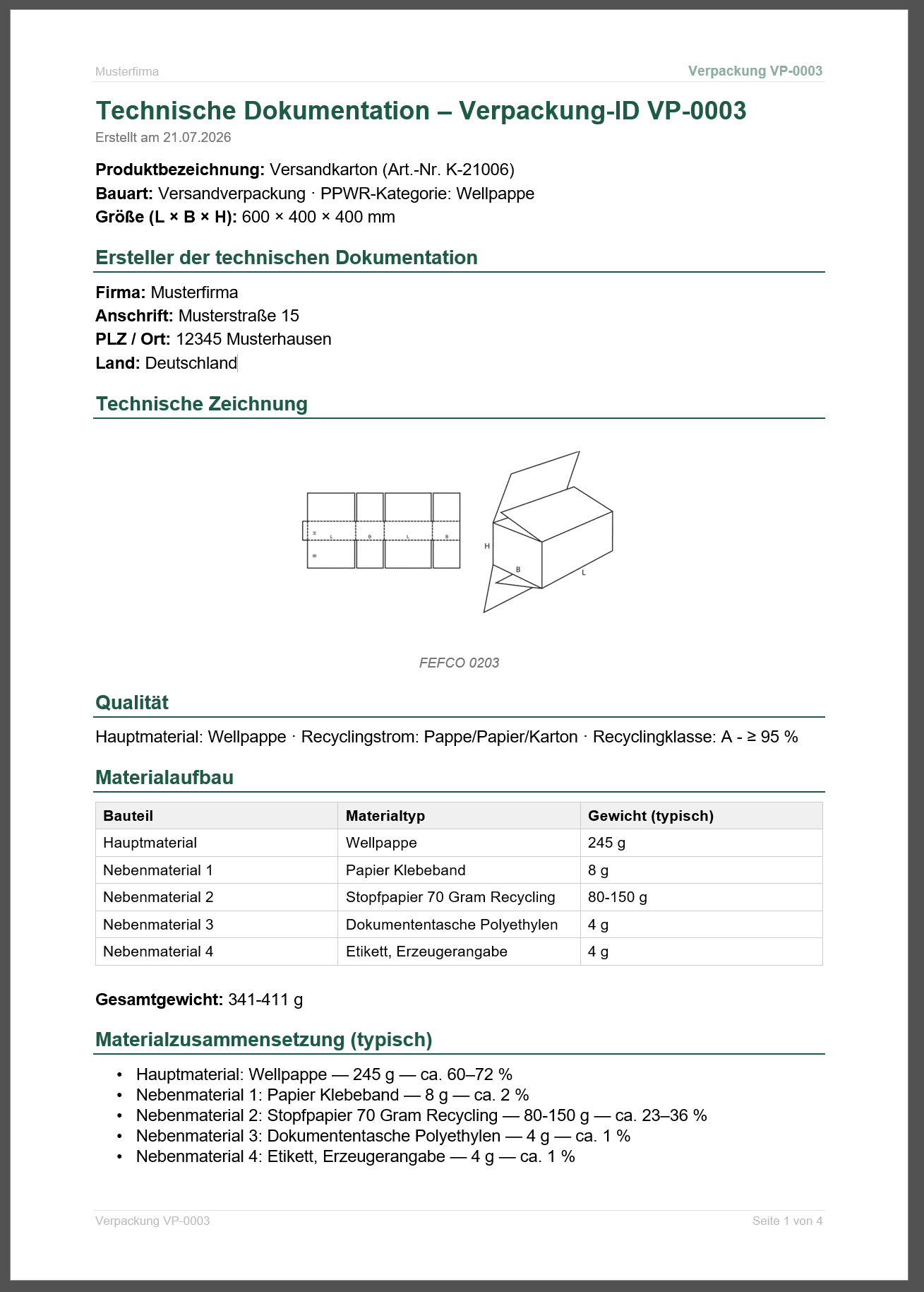 Technische Dokumentation auf Knopfdruck — Ihre Verpackungsdaten arbeiten für Sie
Die PPWR verlangt von Ihnen als Erzeuger eine vollständige technische Dokumentation für jede Verpackung, die Sie in Verkehr bringen. Für viele Unternehmen klingt das nach Aktenordnern, Rückfragen bei Lieferanten und Wochenenden voller Formulare. Genau hier setzt unsere Verpackungsdatenbank an — und nimmt Ihnen den größten Teil der Arbeit ab.
Eine Datenbank statt zwanzig Excel-Dateien
Jede Ihrer Verpackungen bekommt bei uns einen eigenen Datensatz: Karton, Klebeband, Etikett, Folie, Palette. Alles, was Sie über eine Verpackung wissen, liegt an einer Stelle — strukturiert, durchsuchbar und jederzeit aktualisierbar. Kein Suchen mehr in E-Mail-Anhängen, kein „Welche Version war noch mal die aktuelle?".
Das Beste daran: Sie tragen nur zwei Arten von Informationen ein.
1. Was Ihnen Ihr Lieferant liefert. Hauptmaterial, Nebenmaterialien, Gewichte, Recyclingfähigkeit, ob PFAS bewusst zugesetzt wurden, ob eine REACH- oder Schwermetallerklärung vorliegt. Das sind exakt die Angaben, die Ihnen Ihr Lieferant ohnehin zur Verfügung stellen muss — Sie übertragen sie einmal in die Datenbank.
2. Was nur Sie wissen. Ihre Artikelnummer, die Verpackungsbezeichnung, den Verwendungszweck, die verantwortliche Person, Ihre LUCID-Nummer. Ihre Firmendaten hinterlegen Sie ein einziges Mal in Ihrem Konto — danach erscheinen sie automatisch in jedem Dokument.
Den kompletten Rest übernehmen wir.
Ein Klick — und das Dokument steht
Sobald die Daten drin sind, erzeugen Sie die vollständige technische Dokumentation mit einem einzigen Klick. Was Sie als fertige Word-Datei zurückbekommen:
Kopf mit Ihrem Firmennamen und der Verpackungs-ID auf jeder Seite
Produktangaben und Bauart inklusive PPWR-Kategorie
Ersteller-Block mit Ihrer Firma und Anschrift — direkt aus Ihren Stammdaten
Technische Zeichnung (dazu gleich mehr)
Materialaufbau als saubere Tabelle: Haupt- und bis zu fünf Nebenmaterialien mit Gewichten
Materialzusammensetzung mit automatisch berechneten Prozentanteilen
Konformitätsangaben zu Schwermetallgrenzwerten, REACH und PFAS
Risikobewertung aus Ihrer hinterlegten Bewertung
Stoffbeschränkung, Stammangaben und Dokumenten-Checkliste
Gesamtbewertung mit Unterschriftsfeld
Alles in einem Dokument, das Sie prüfen, unterschreiben und bei einer Behördenanfrage sofort vorlegen können.
Die technische Zeichnung zeichnet sich selbst
Ein Detail, das in der Praxis viel Zeit spart: Wählen Sie bei Ihrer Verpackung die FEFCO-Bauart aus — etwa 0201 für den klassischen Faltkarton — dann setzen wir die passende normgerechte Zeichnung automatisch in Ihr Dokument ein. Fast 200 Bauarten sind hinterlegt.
Sie haben eine eigene Konstruktionszeichnung? Laden Sie sie einfach hoch, dann verwenden wir Ihre. Und wenn zu einer Bauart keine Standardzeichnung existiert, setzen wir einen sauberen Platzhalter — Sie können die Zeichnung jederzeit nachreichen.
Gewichte, die der Realität entsprechen
Produktionstoleranzen sind normal. Deshalb können Sie bei jedem Material statt eines festen Werts auch einen Bereich angeben, zum Beispiel „50-100 g". Das Gesamtgewicht rechnet sich dann korrekt als Spanne mit, und auch die Prozentanteile im Dokument werden als Bereich ausgewiesen. Keine Scheingenauigkeit, sondern belastbare Angaben.
Ihre Risikobewertung wird mitgelesen
Füllen Sie unsere Muster-Risikobewertung aus und hinterlegen Sie sie bei der Verpackung — wir lesen Ihre Einstufungen aus und übernehmen genau die Punkte, die Sie tatsächlich bewertet haben, sauber nach Kategorien gruppiert. Was Sie nicht bewertet haben, taucht auch nicht auf. Kein Ballast, keine erfundenen Werte.
Einmal gepflegt, immer aktuell
Ändert Ihr Lieferant das Material oder passen Sie ein Gewicht an? Sie ändern den Wert an einer Stelle und erzeugen das Dokument neu. Ihre Daten lassen sich außerdem jederzeit als Excel exportieren und wieder importieren — auch aus älteren Versionen unserer Inventarliste. Ihre Arbeit geht nie verloren.
Ausblick: Die Konformitätserklärung folgt
Die technische Dokumentation ist der erste Schritt. Im nächsten werden Sie die EU-Konformitätserklärung auf demselben Weg erzeugen — aus denselben Daten, mit demselben einen Klick. Sie pflegen Ihre Verpackungen also einmal und bekommen daraus nach und nach sämtliche Dokumente, die die PPWR von Ihnen verlangt.
Das Prinzip dahinter
Sie kennen Ihre Verpackungen und Ihren Lieferanten. Wir kennen die Verordnung und das Dokumentenformat. Sie tragen ein, was ohnehin auf Ihrem Tisch liegt — wir machen daraus ein vorzeigbares Dokument.
Die Verantwortung für Richtigkeit und Vollständigkeit bleibt selbstverständlich bei Ihnen als Unterzeichner. Aber die Fleißarbeit, das Formatieren und das Zusammensuchen: Das übernehmen wir.